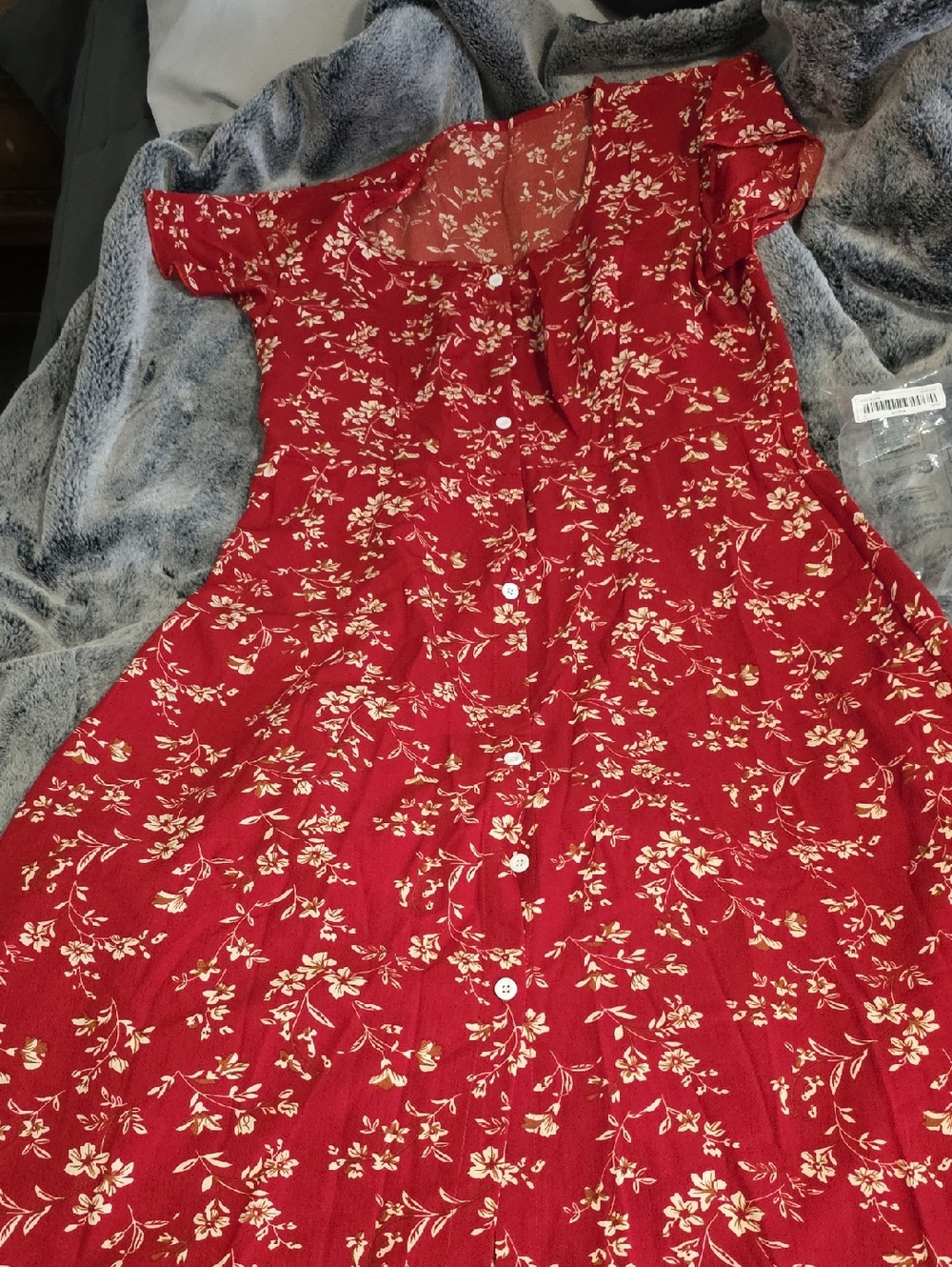 Red Floral Button-Front Casual Dress